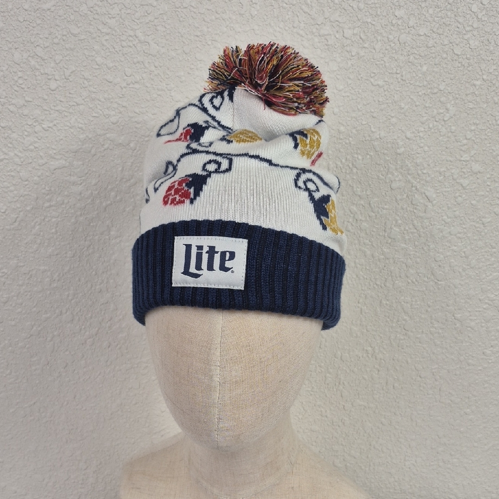 Miller Lite Beer Pom Pom Beanie Christmas Lights OS